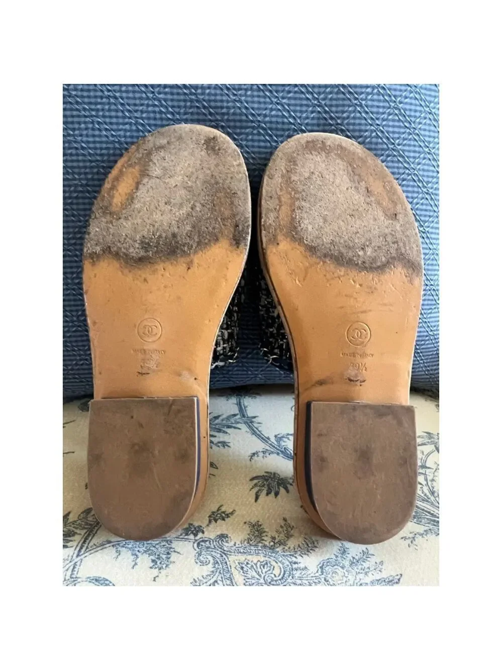 Women's Chanel Blue Tweed Chain Slide Sandals 39.5/9 Tan Sole